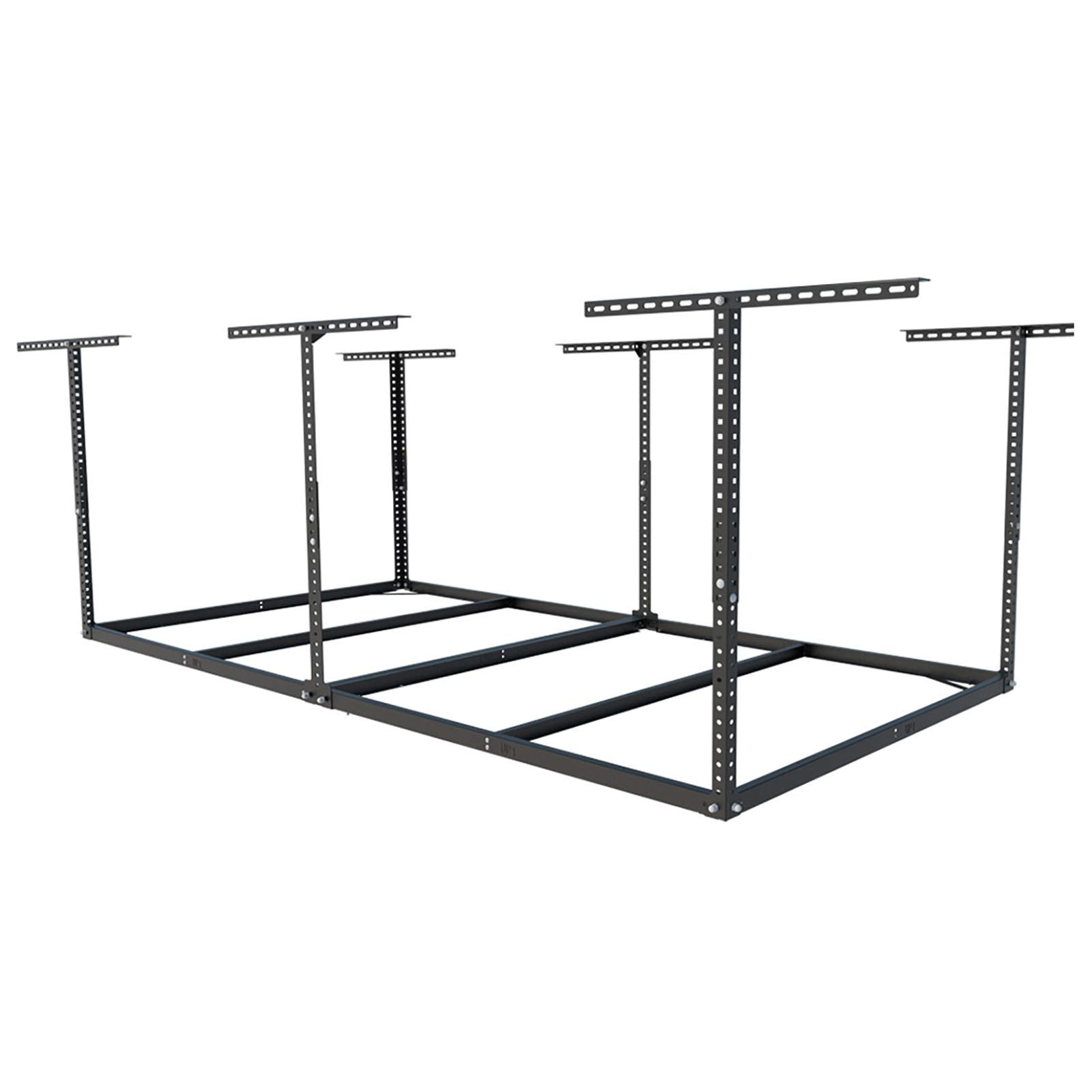 FLEXIMOUNTS overhead storage rack assembled for garage organization and floor clearance.