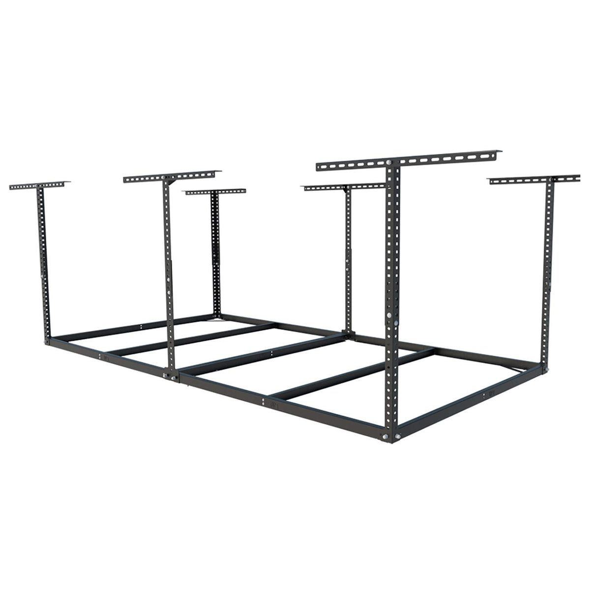 FLEXIMOUNTS overhead storage rack assembled for garage organization and floor clearance.