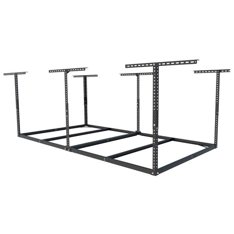 FLEXIMOUNTS overhead storage rack assembled for garage organization and floor clearance.