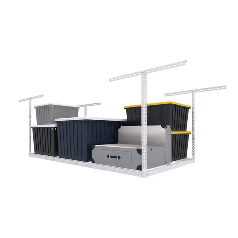 Fleximounts overhead storage rack on ceiling showing ample space for seasonal gear