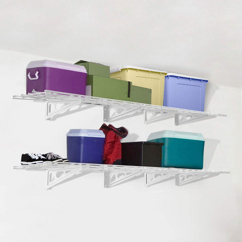 Clean white finish complements workshop and garage decor while maximizing space.