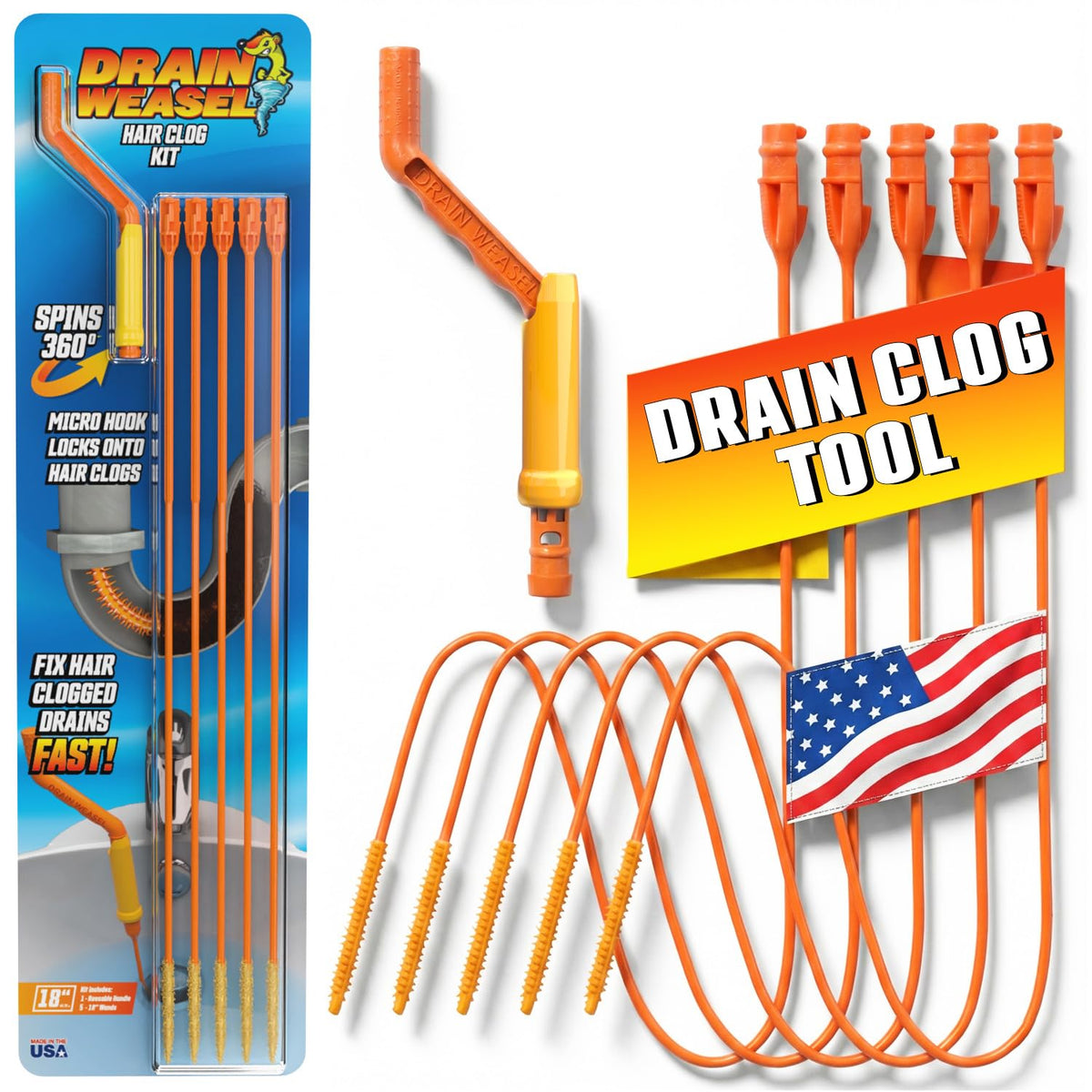 FlexiSnake drain weasel 18-inch clears bathroom hair clogs quickly.