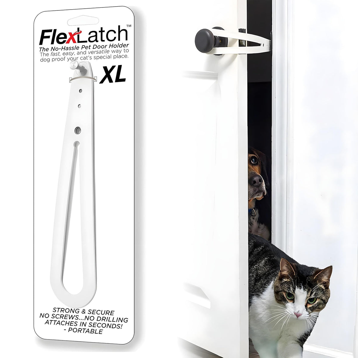 FlexLatch cat door holder latch installation view showing quick setup