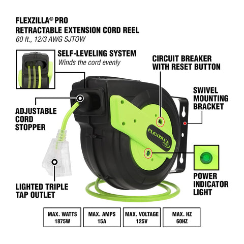 Lighted triple-tap outlet on the Flexzilla reel for visible power and multiple tools.