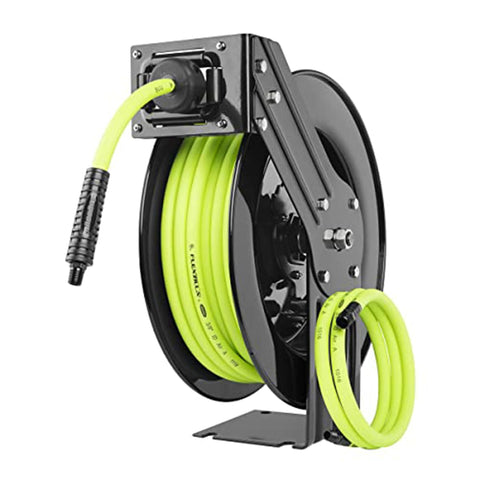 Flexzilla reel mounted on wall or overhead for space-saving organization.