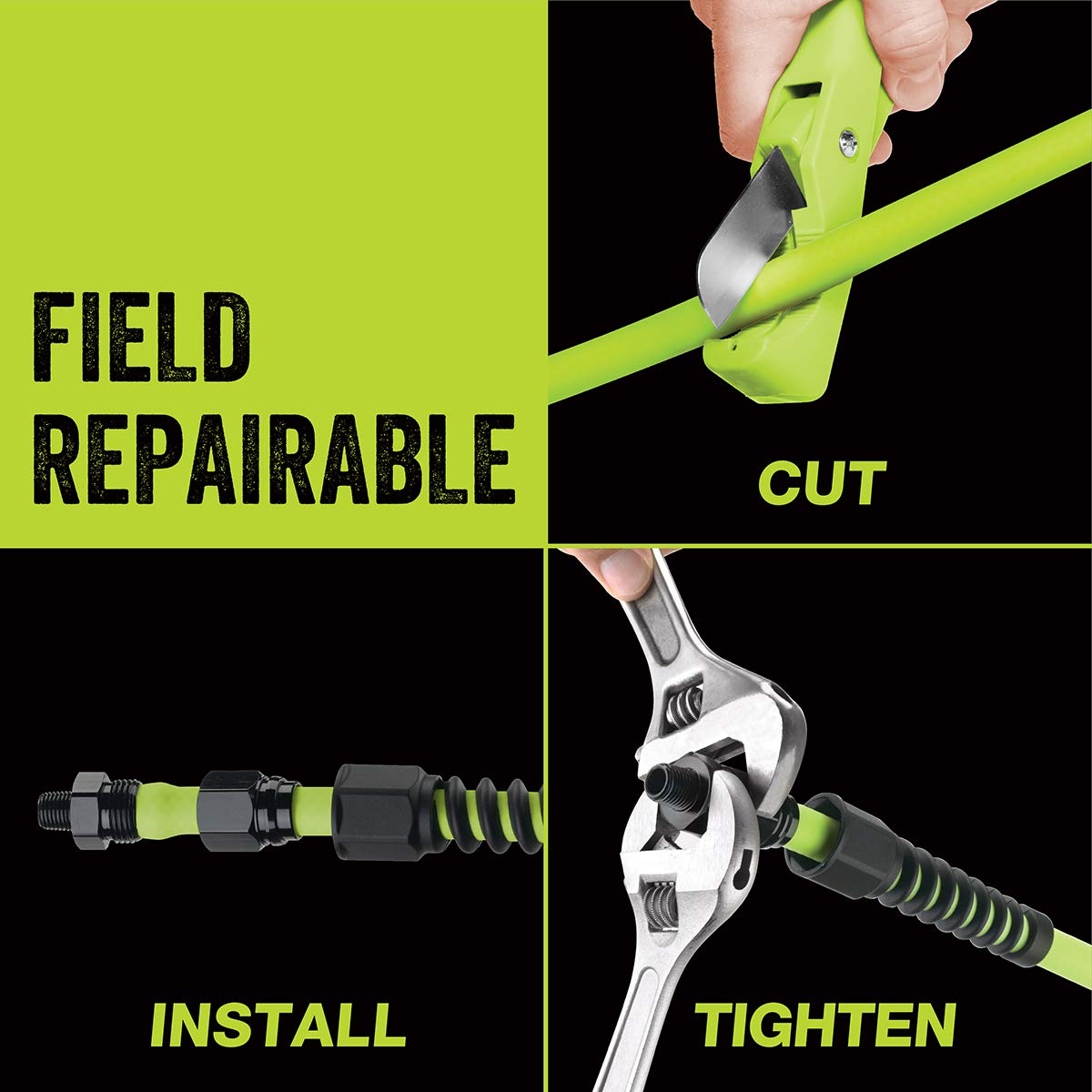 Flexzilla Pro air hose with bend restrictor aids smooth coiling.