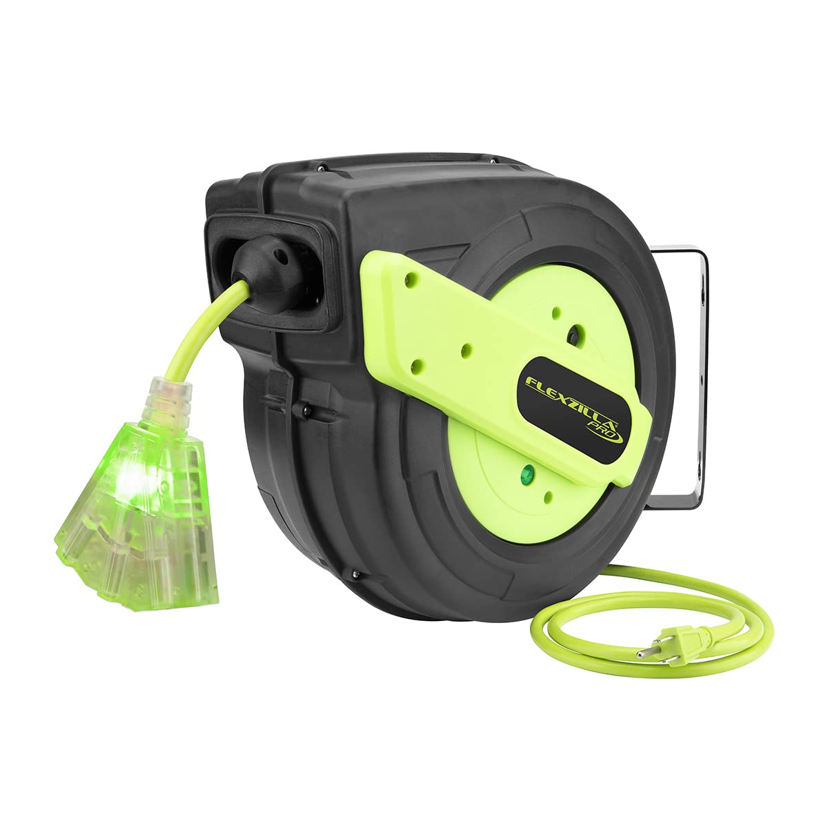 Flexzilla retractable extension reel with 60 ft cord for heavy-duty workshop power.