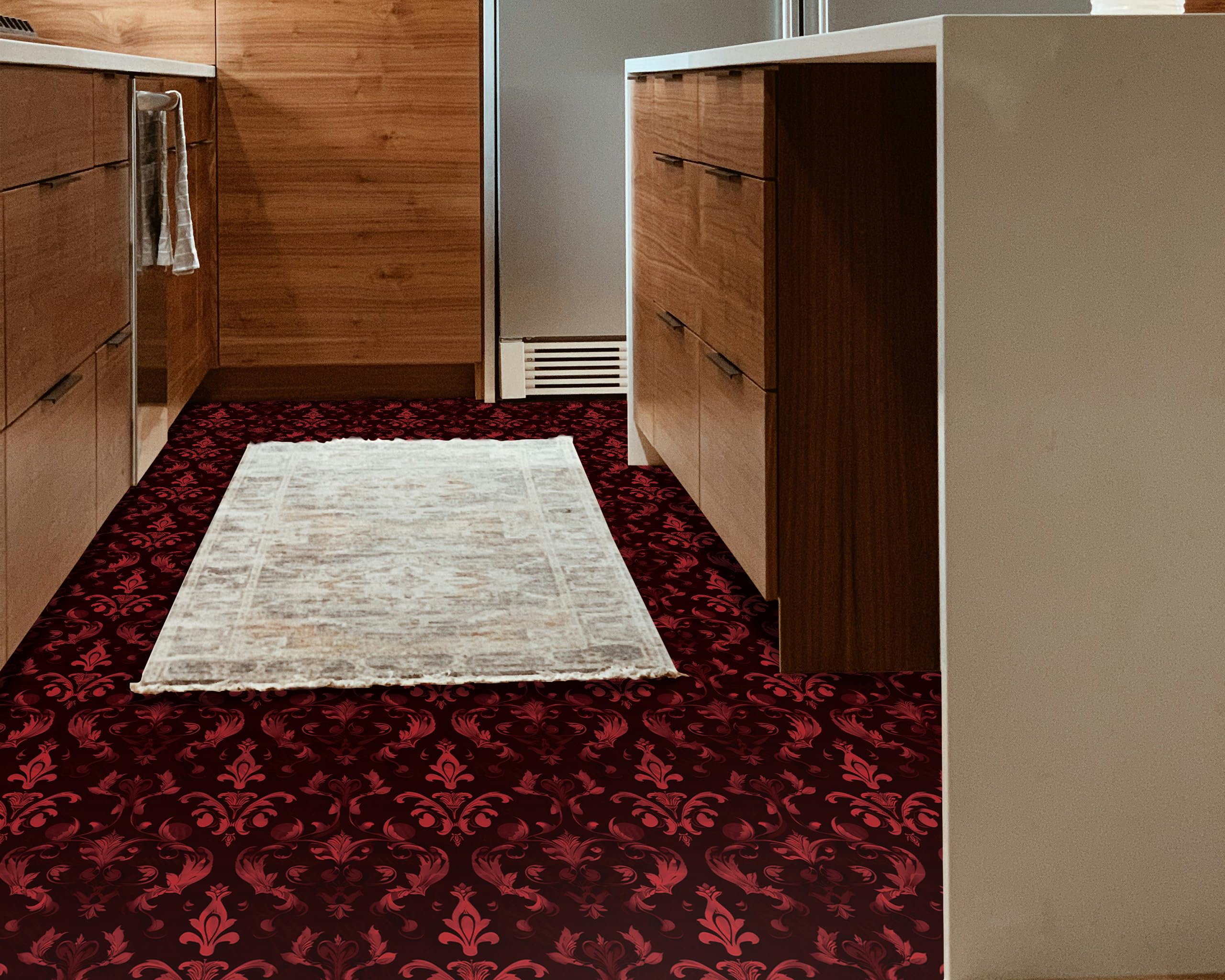 FLFK Vintage Red Gothic wallpaper in a dining room creates a dramatic focal wall.