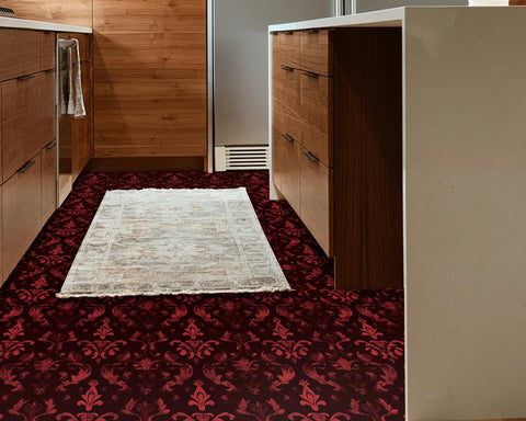 FLFK Vintage Red Gothic wallpaper in a dining room creates a dramatic focal wall.