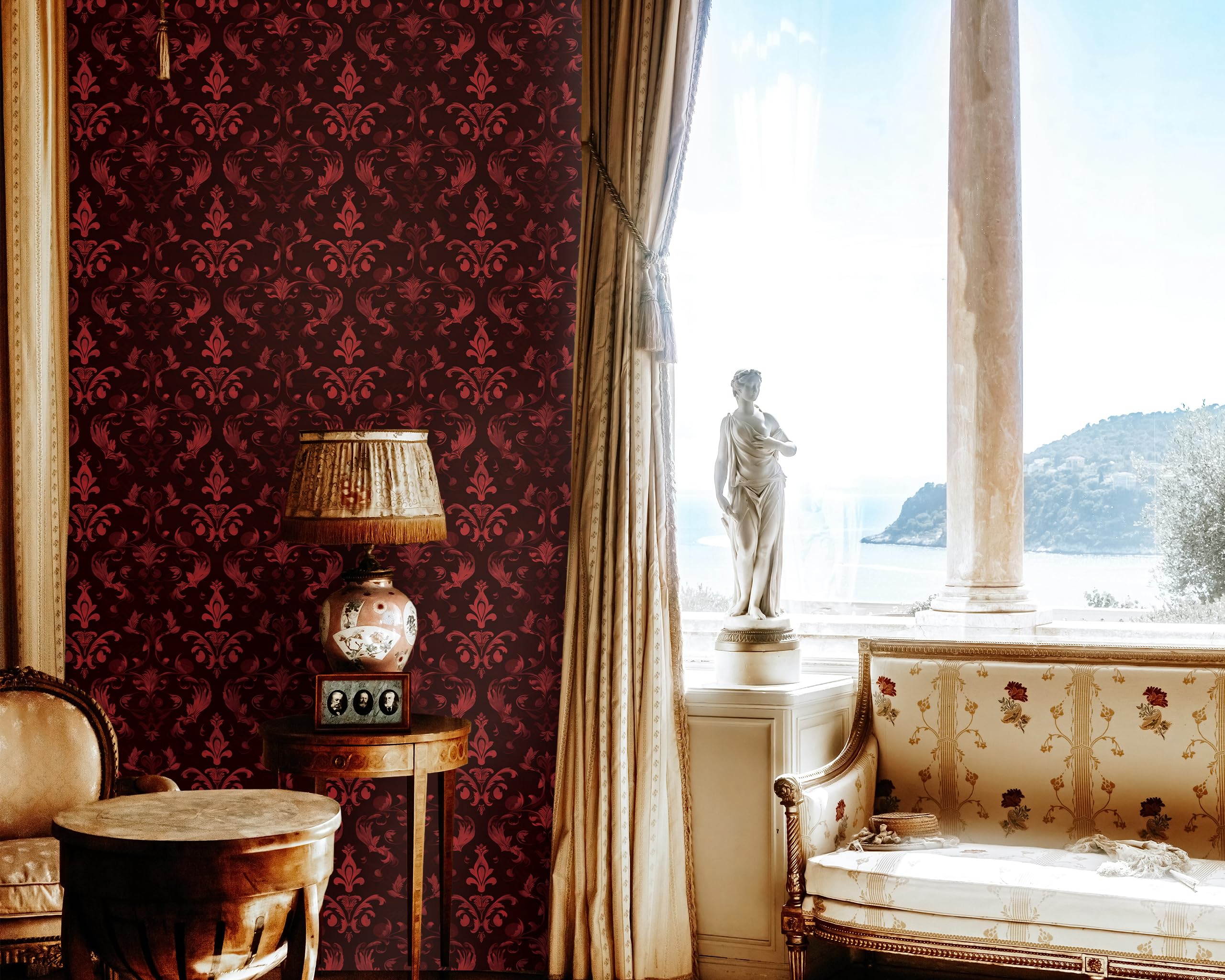 FLFK Vintage Red Gothic wallpaper used as kitchen backsplash for stylish surfaces.