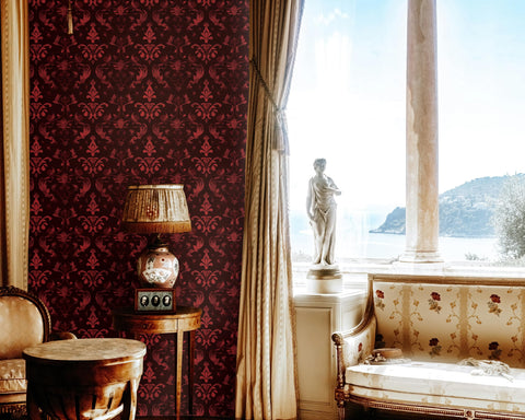 FLFK Vintage Red Gothic wallpaper used as kitchen backsplash for stylish surfaces.