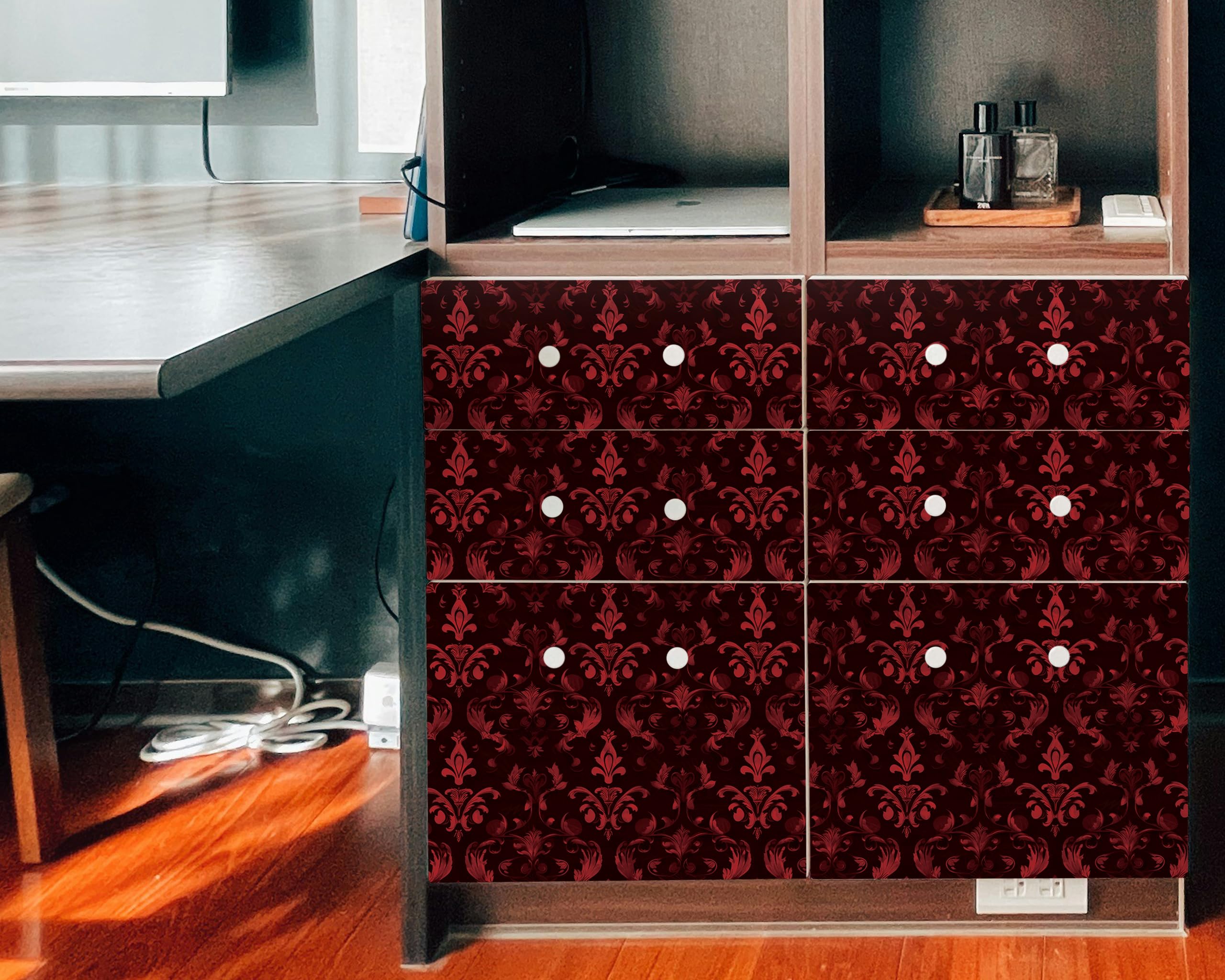 FLFK Vintage Red Gothic wallpaper roll showing the 16-inch pattern repeat.