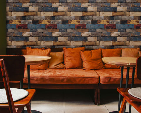 FLFK Wood Bricks wallpaper emphasizes natural texture and contrasting tones for cozy spaces.