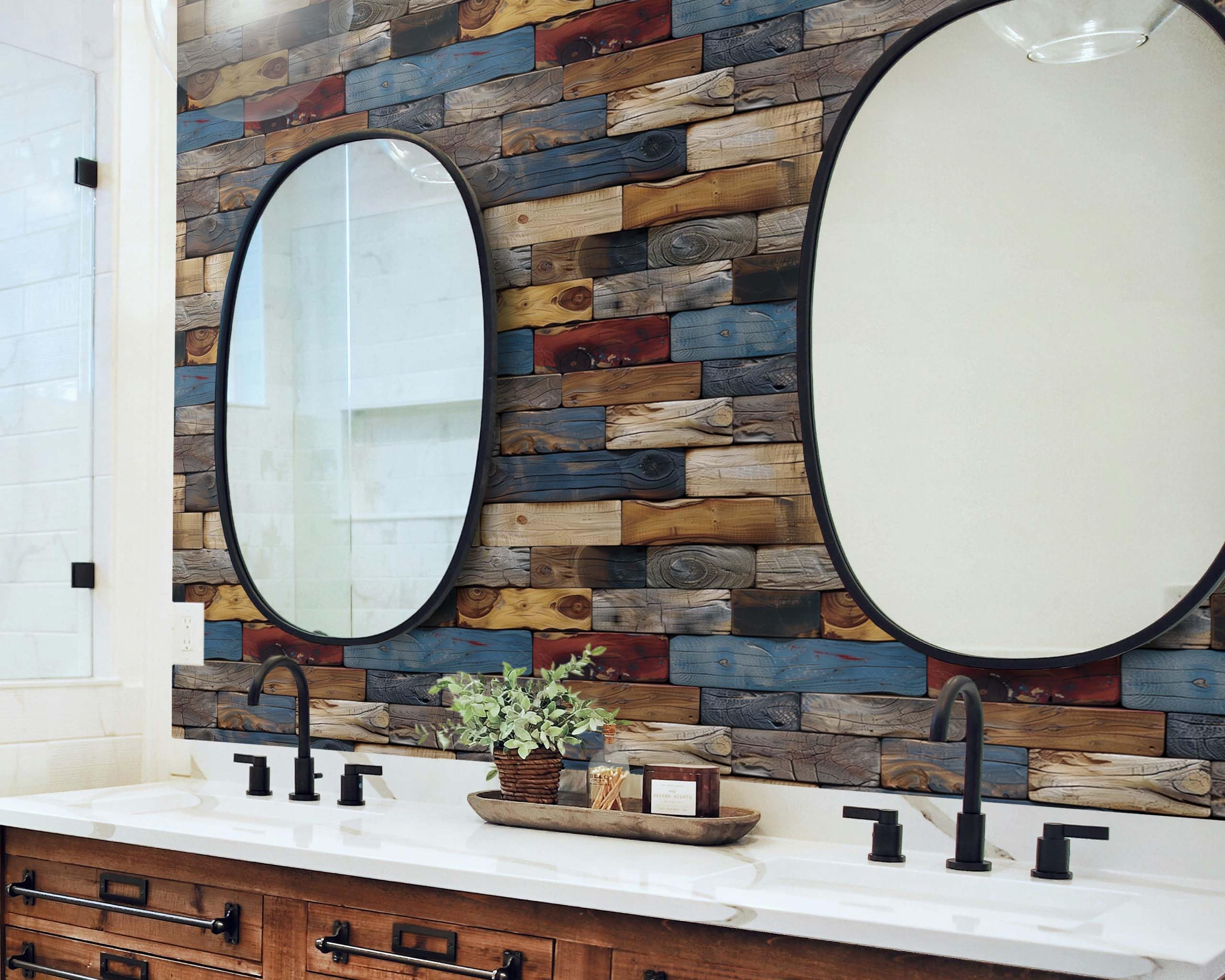 FLFK Wood Bricks wallpaper demonstrates easy peel-and-stick application on smooth surfaces.