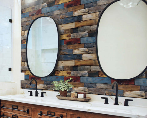 FLFK Wood Bricks wallpaper demonstrates easy peel-and-stick application on smooth surfaces.