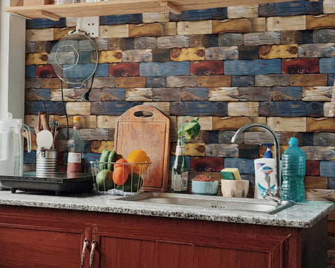FLFK Wood Bricks wallpaper in a living room demonstrates versatile room application.