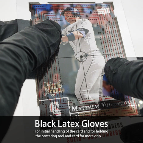 Flinduy black latex gloves protect cards during handling and measuring.