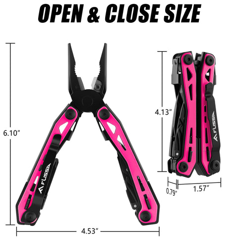 FLISSA pink multitool with belt clip for easy carry on outdoor trips
