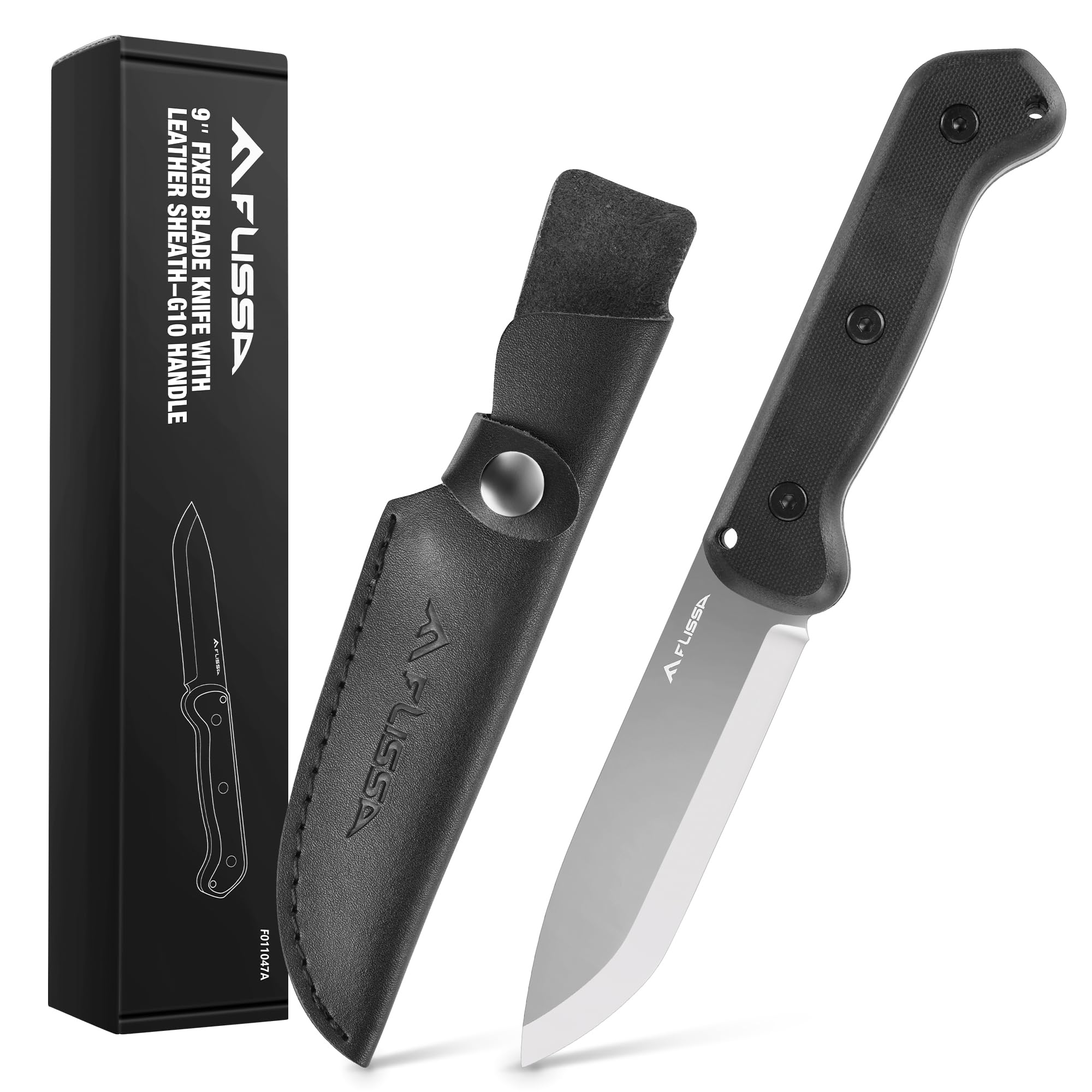 FLISSA 9-inch fixed blade knife with D2 steel blade for camping and bushcraft tasks.