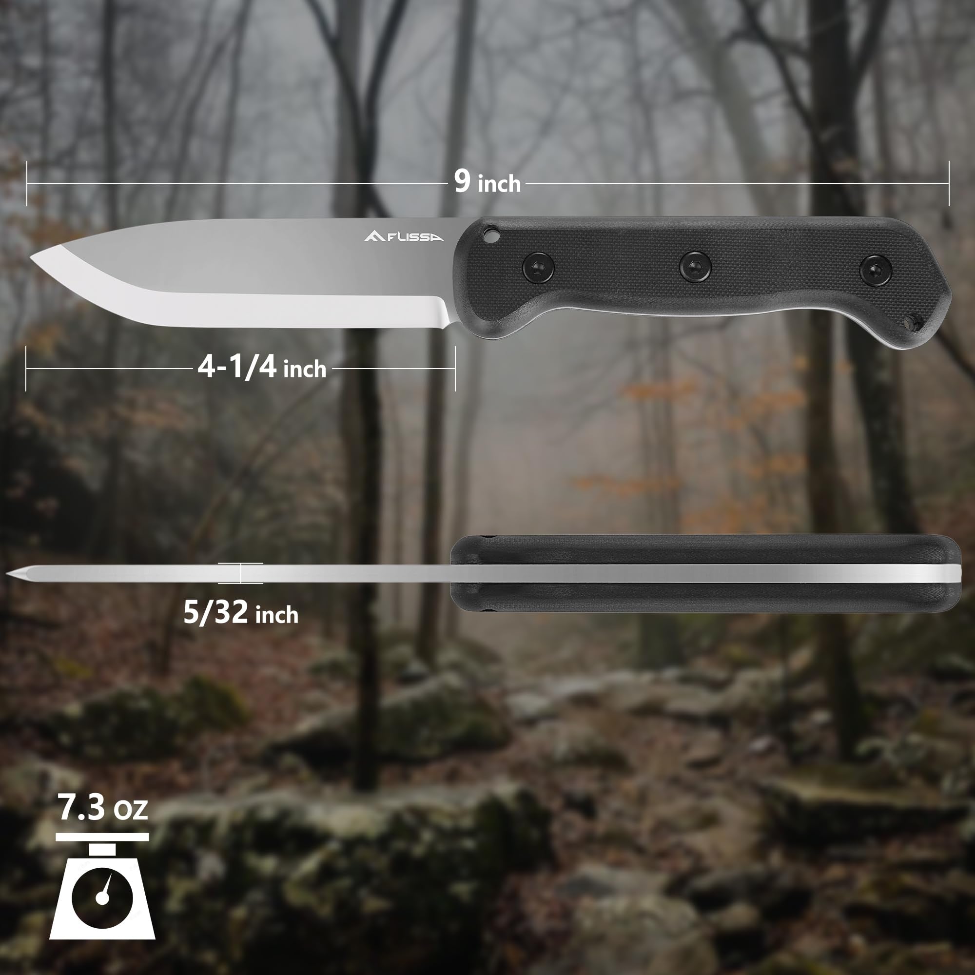 FLISSA knife with high hardness 61-63 HRC for reliable edge retention outdoors.