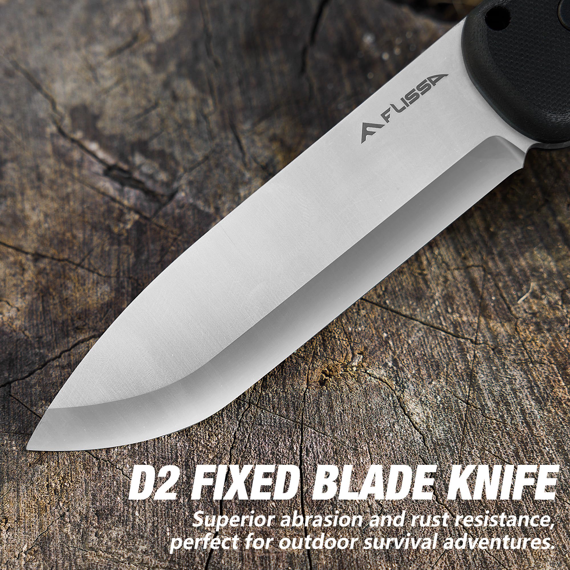 FLISSA full-tang knife with ergonomic G10 handle for comfortable grip.