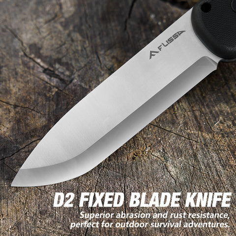 FLISSA full-tang knife with ergonomic G10 handle for comfortable grip.