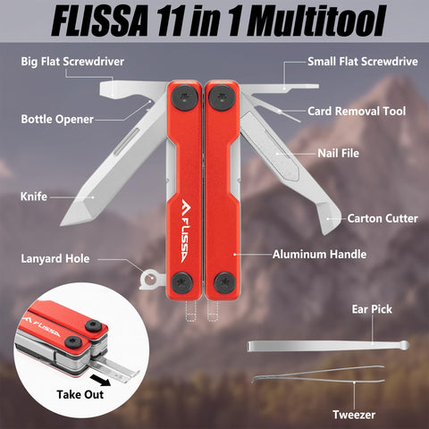 Flissa 11-in-1 folded multitool fits snugly in a pocket for travel.