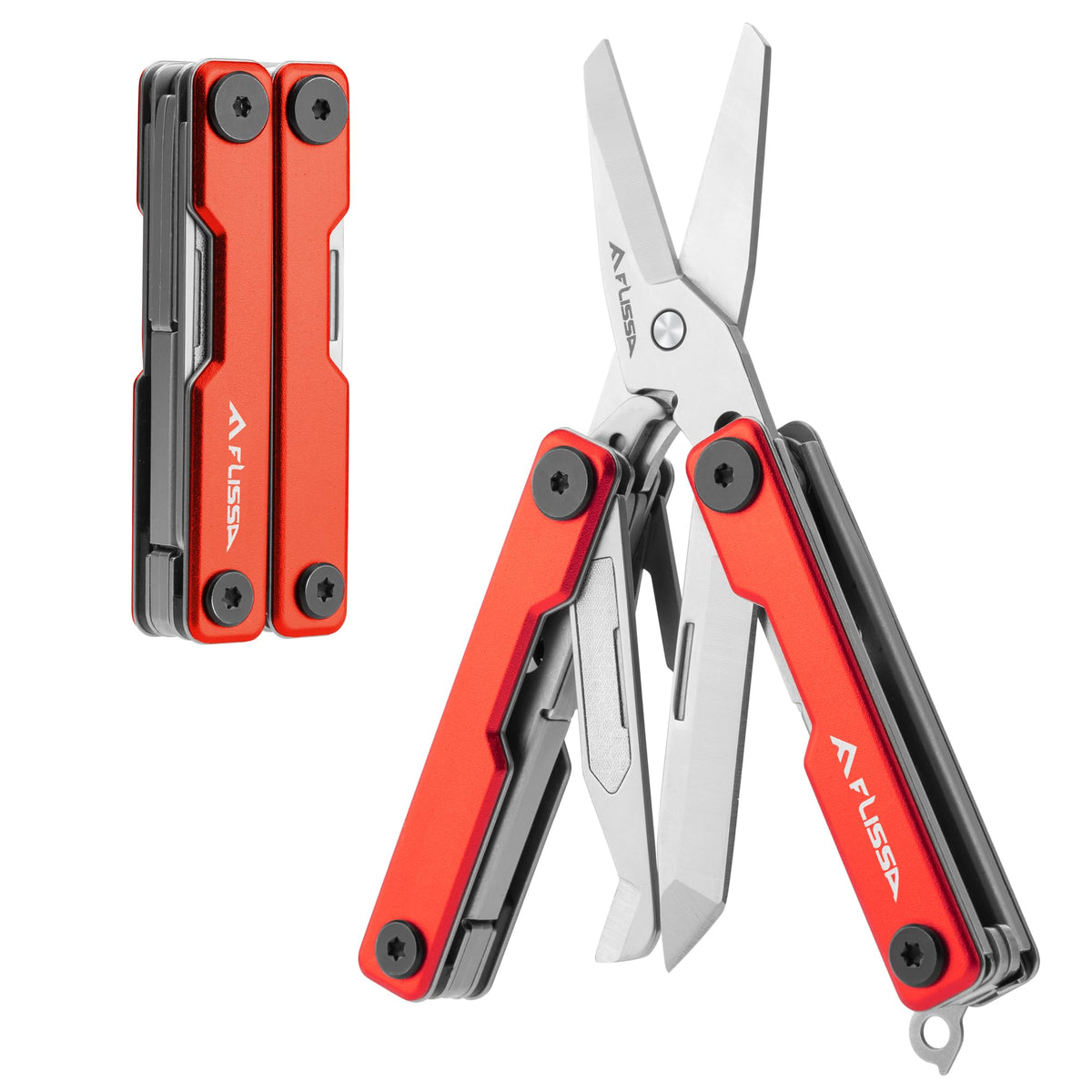 Flissa Multitool Scissors opened to reveal 11-in-1 versatility for camping.