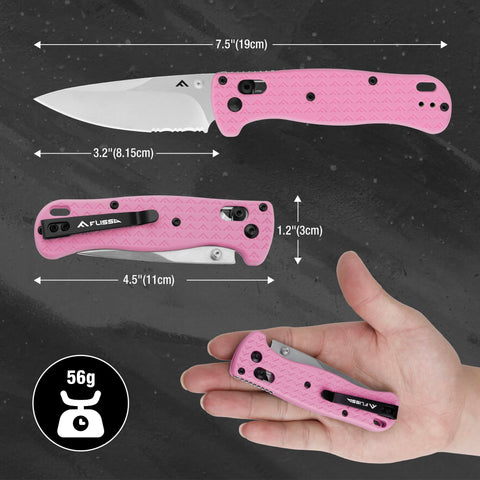 FLISSA pink AUS-8 steel blade offers sharp cutting for camping tasks.