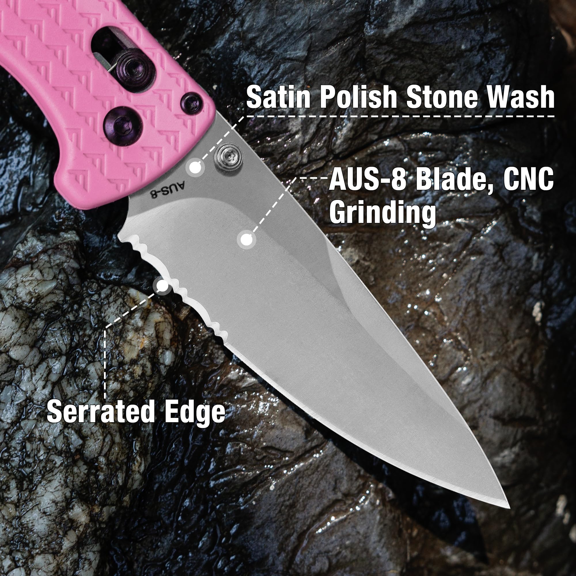 FLISSA pink knife shown with axis lock for safe one-handed operation.