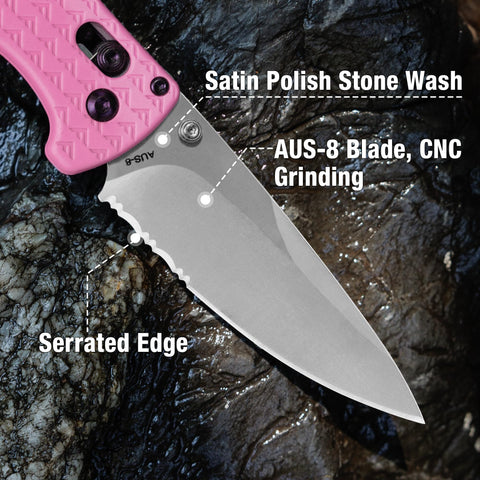 FLISSA pink knife shown with axis lock for safe one-handed operation.