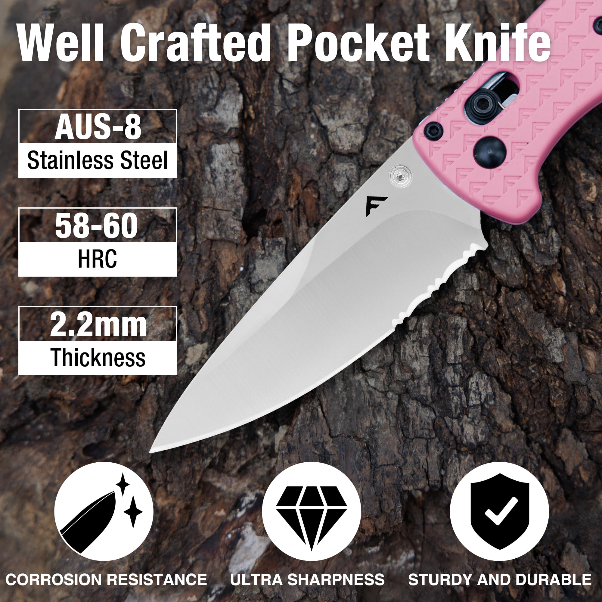 FLISSA pink knife ideal for camping and outdoor everyday use.