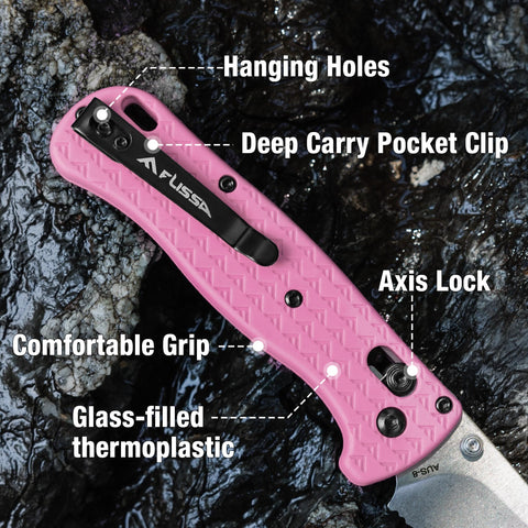 FLISSA pink knife with thumb studs enables one-handed opening for any situation.