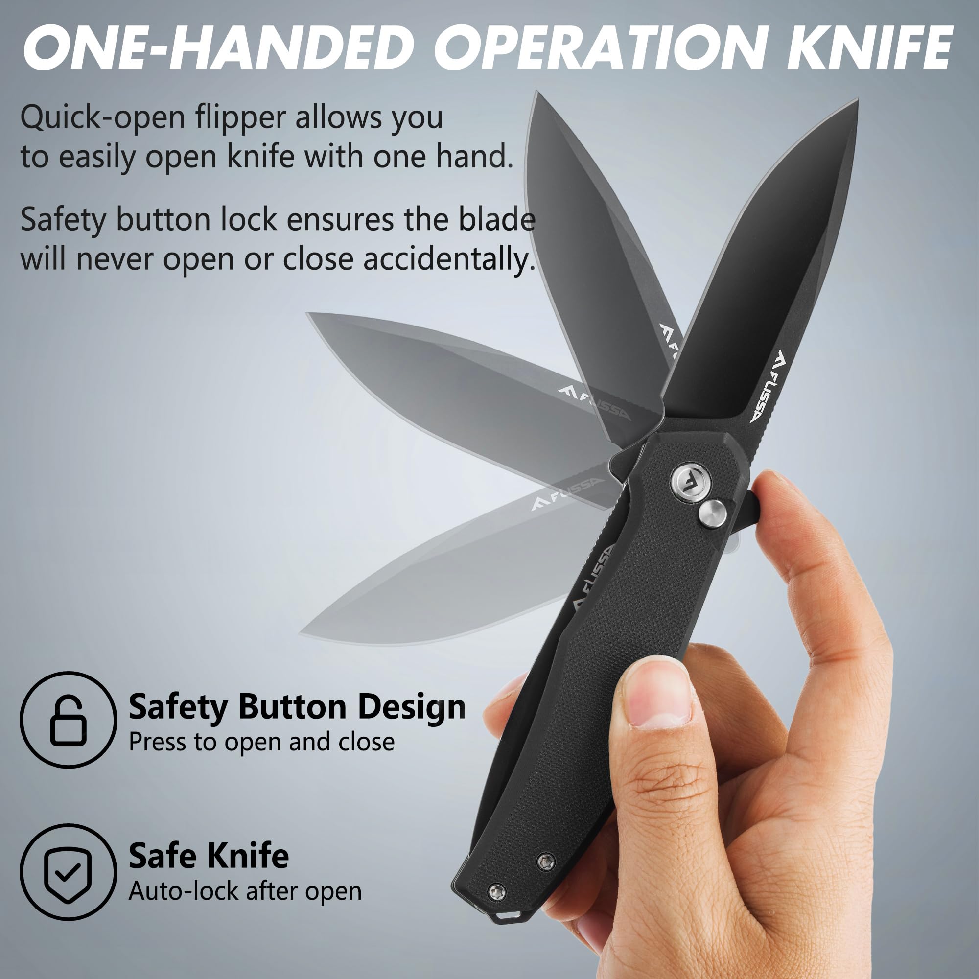 Safety button lock on FLISSA knife prevents accidental opening