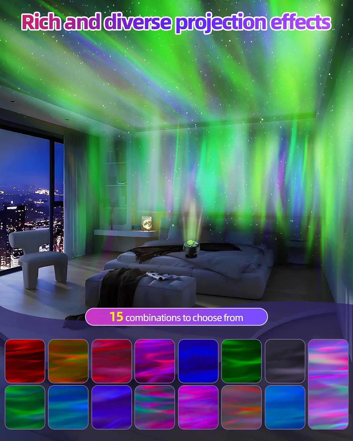 FLITI Northern Lights Projector offering 60 lighting effects to customize mood.