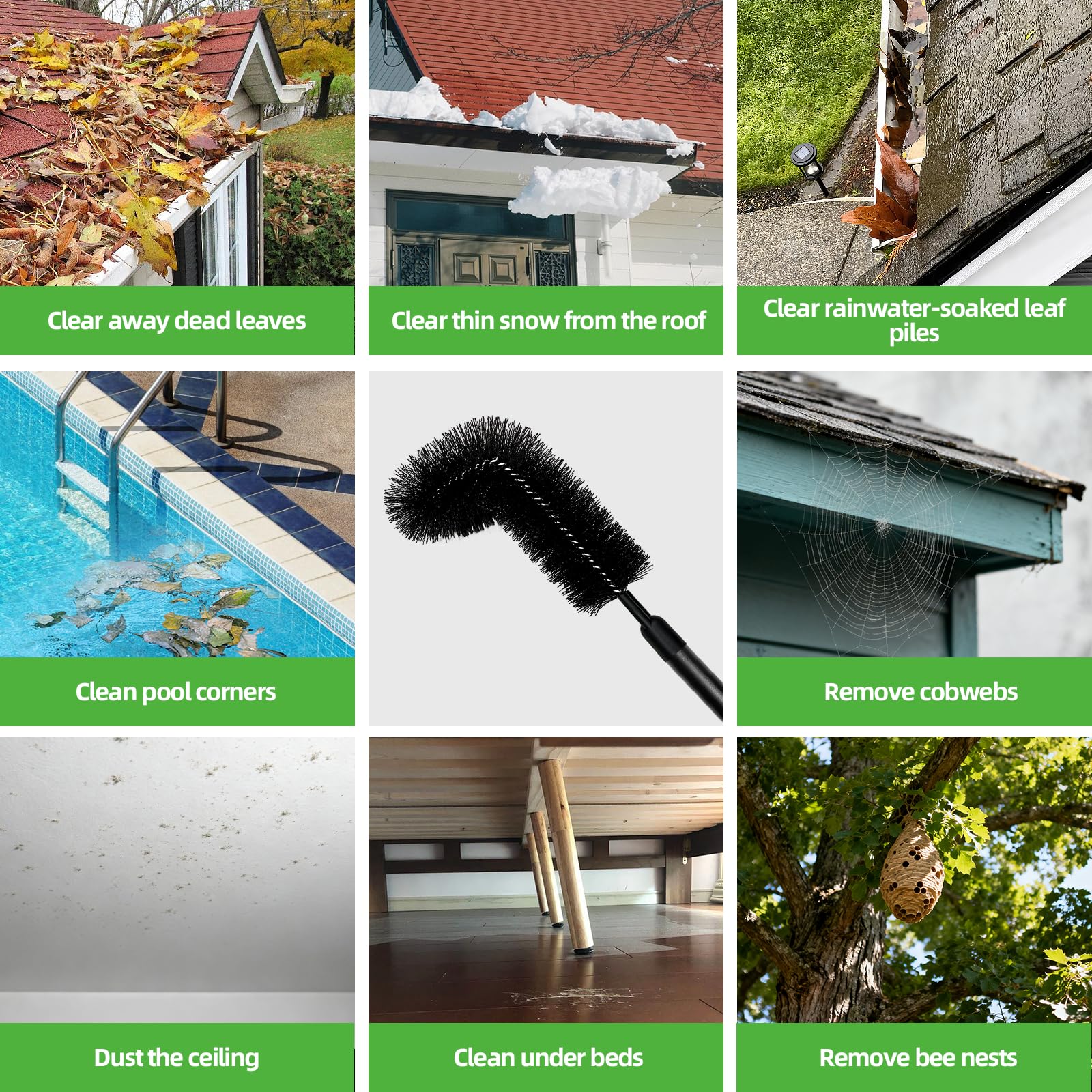 Flizubat packaging includes two brush heads and extension poles for versatile use.