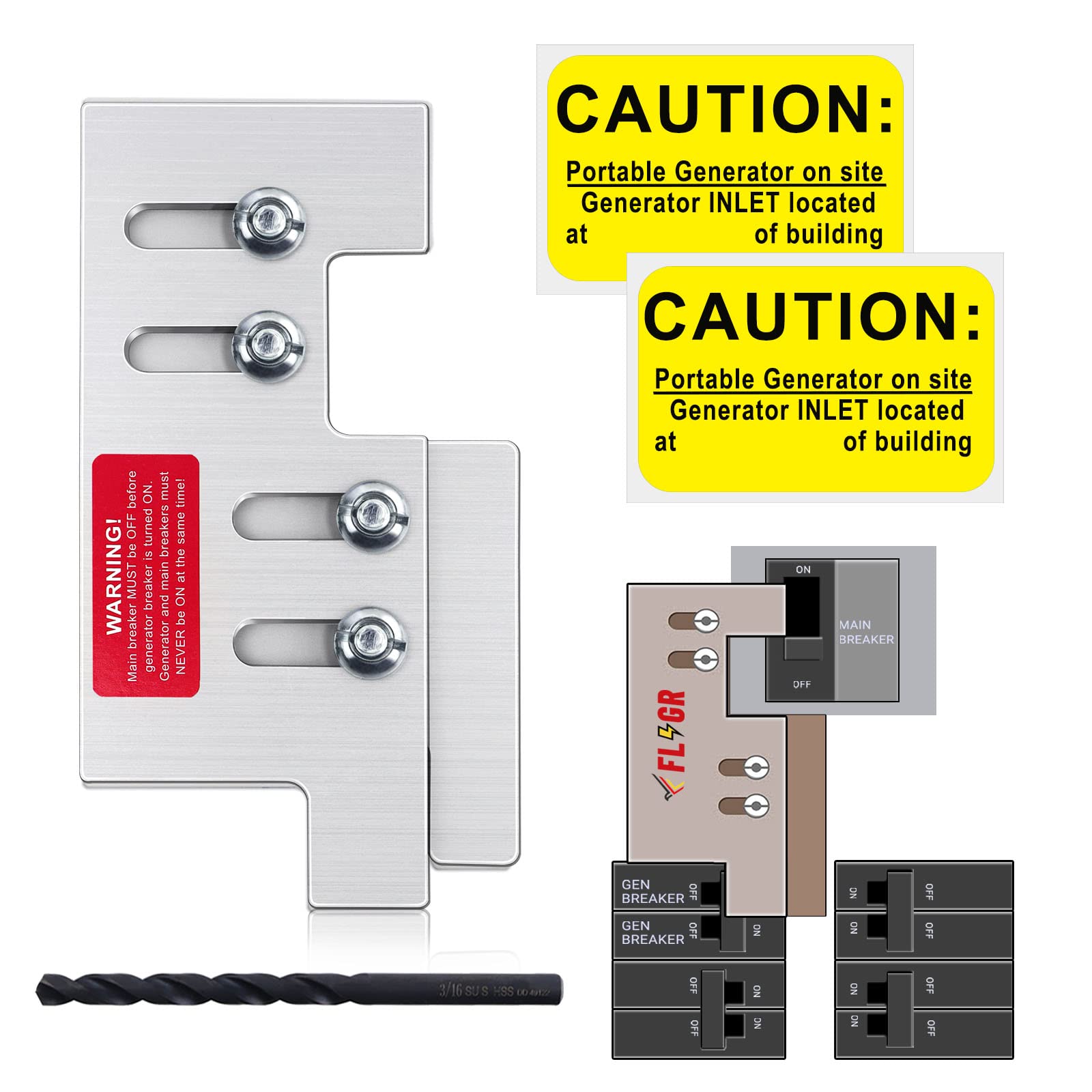 Flngr generator interlock kit with Eaton vertical-throw main breaker for safe transfer.