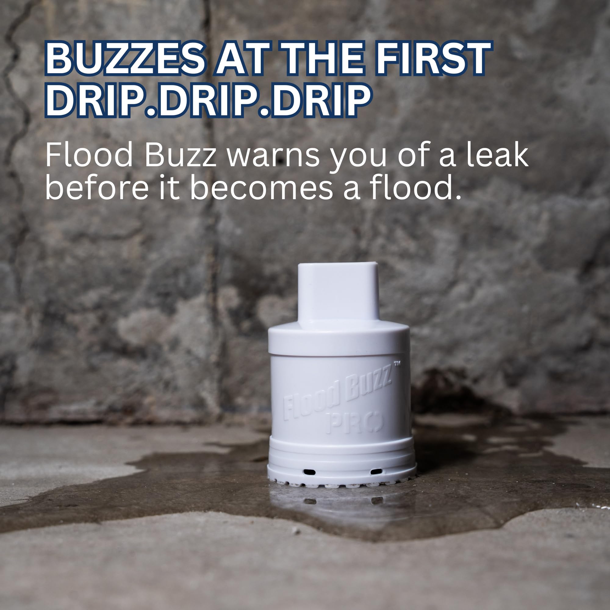 Flood Buzz Pro audible alarm close-up, 110 dB warning.
