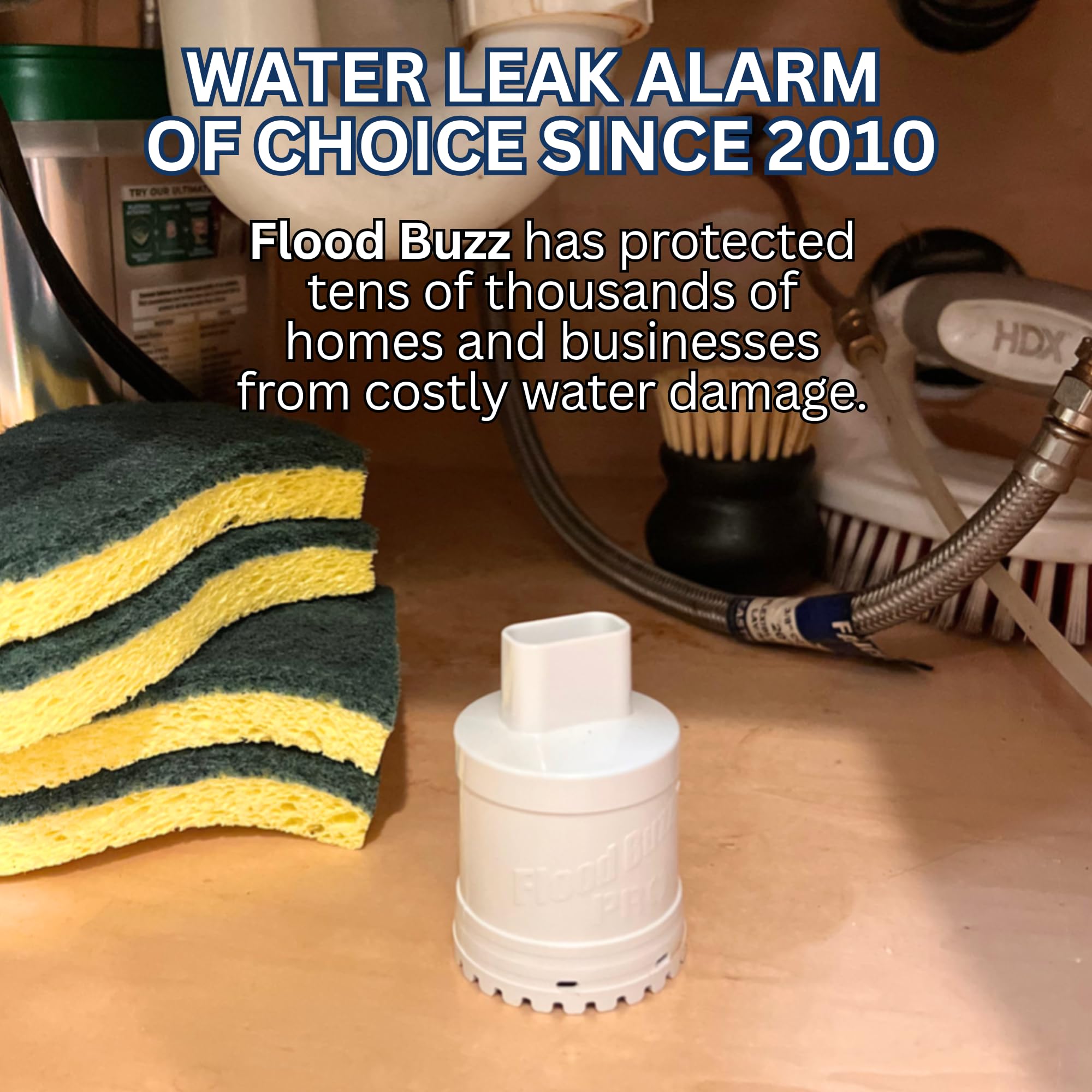 Flood Buzz Pro in RV cabinet, portable protection.
