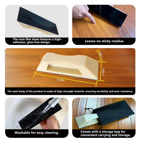 Pads on floor-gap fixer tool in use protect wood surfaces while adjusting gaps.