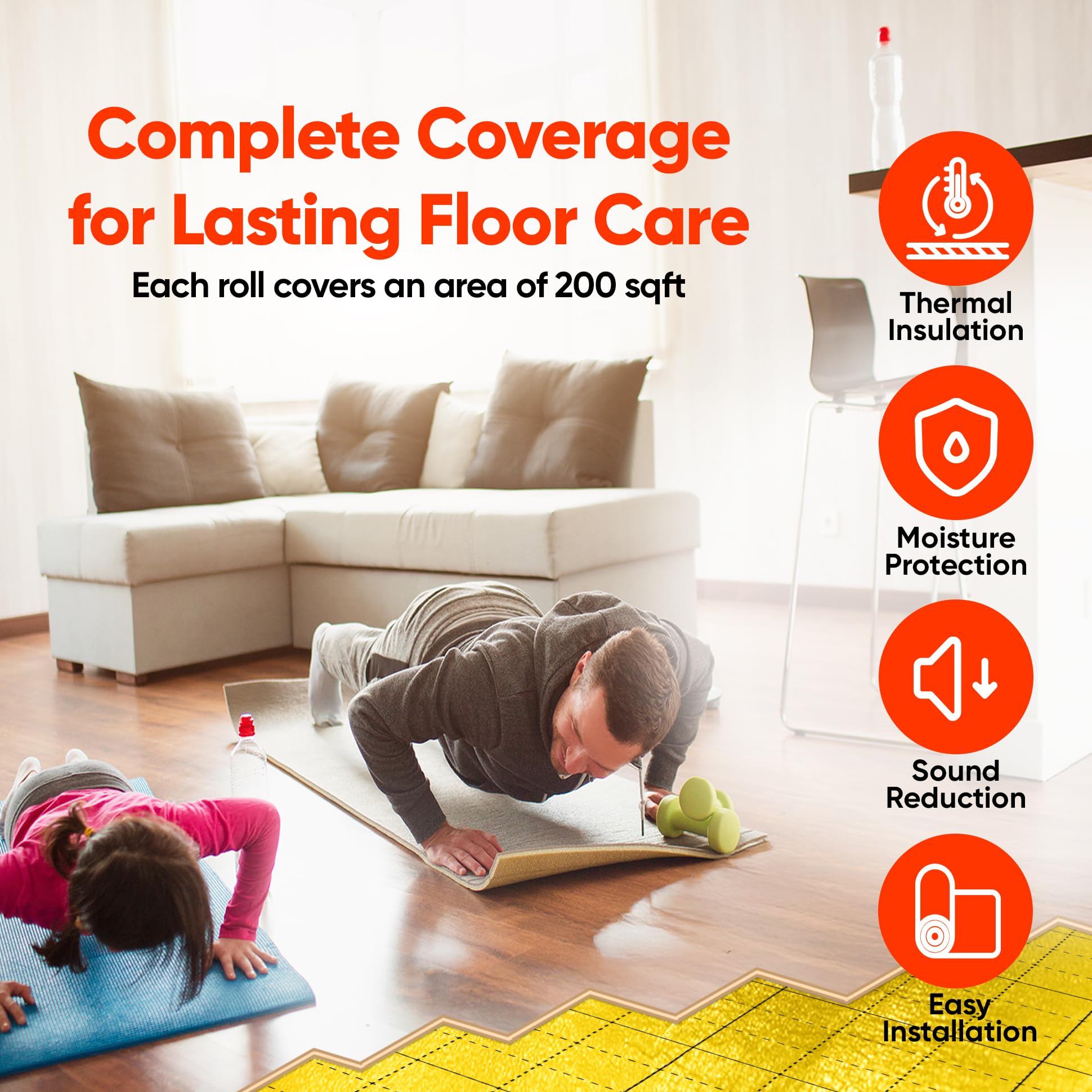 Floorlot GoldMax underlayment under solid hardwood reduces hollow floor sounds.