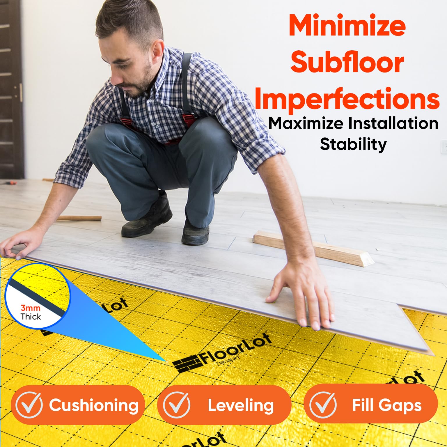 Floorlot GoldMax underlayment under engineered wood for a stable, quiet surface.