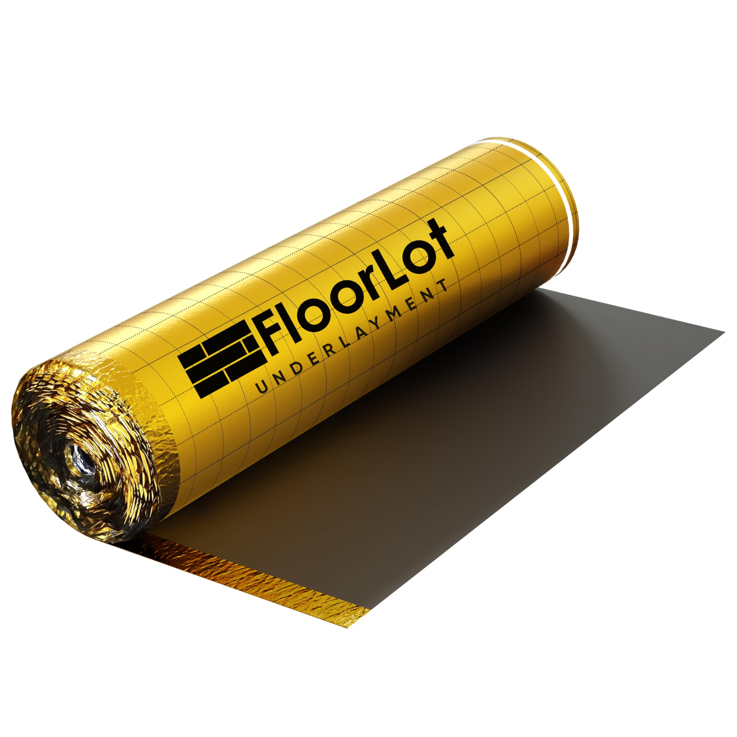 Floorlot GoldMax underlayment roll laid beneath laminate flooring for moisture protection.