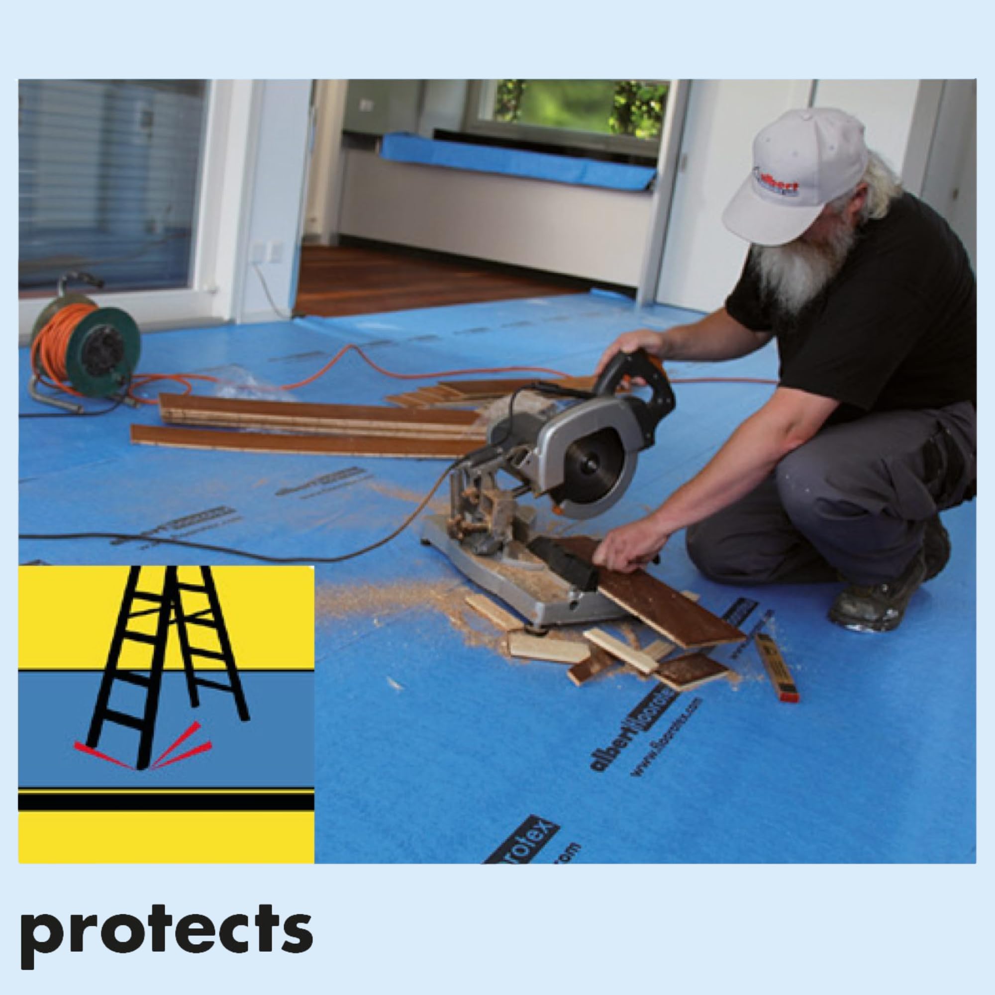 Floorotex Albert Blue roll anti-skid underside keeps protection in place.