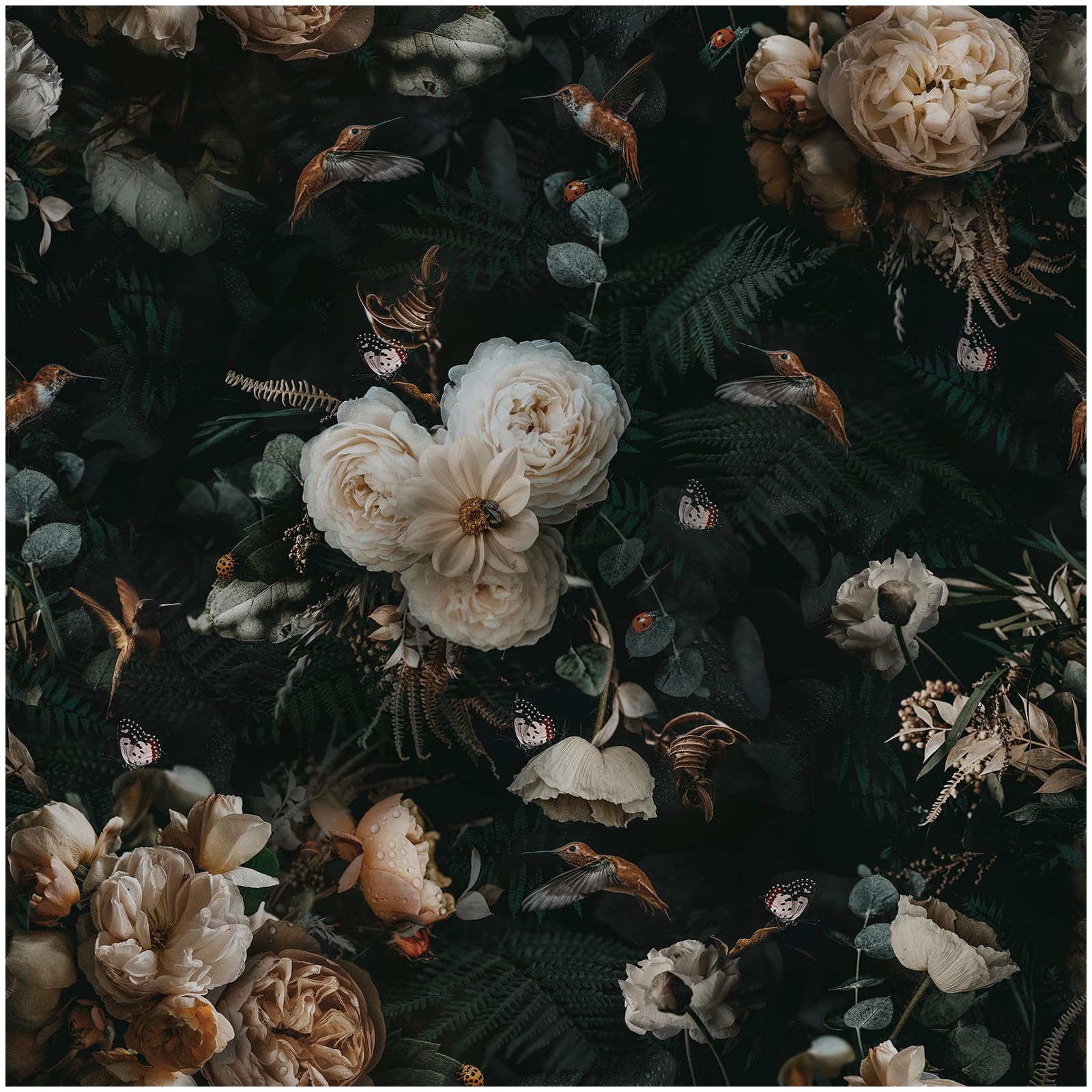 Floralplus dark floral wallpaper close-up for a bold bedroom accent.