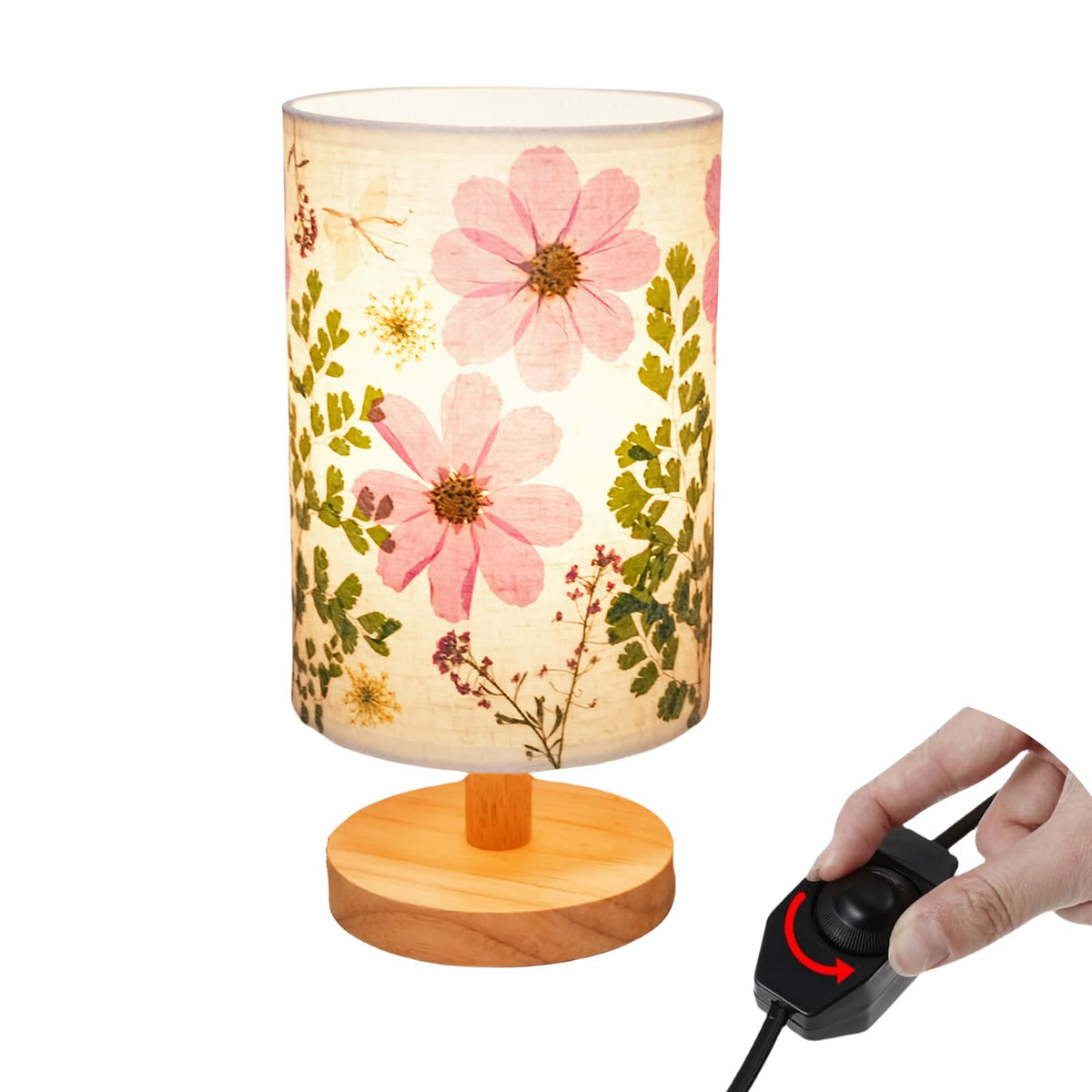 Floresita dried flowers small table lamp with wood base adds cozy bedside ambience.