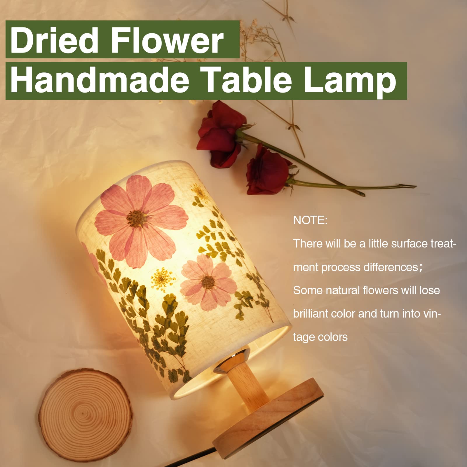Floresita wood-base-lampshade enhances the dried blossoms with warm lighting.