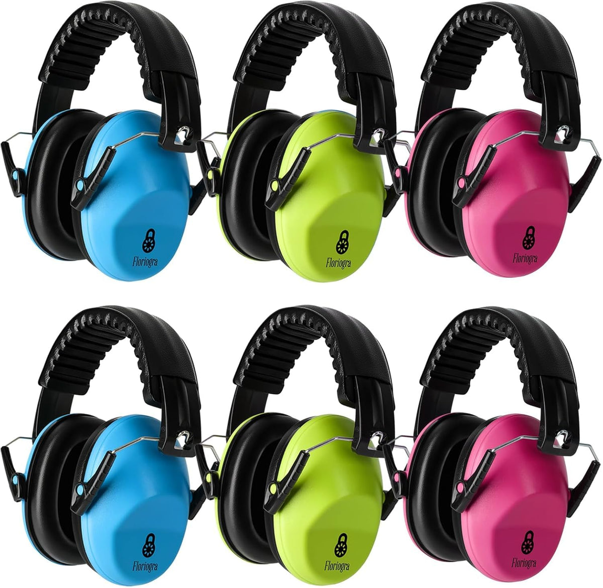 Floriogra kids earmuffs in pink, blue, and green for visibility and comfort.