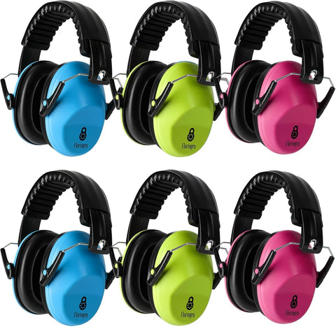 Floriogra kids earmuffs in pink, blue, and green for visibility and comfort.