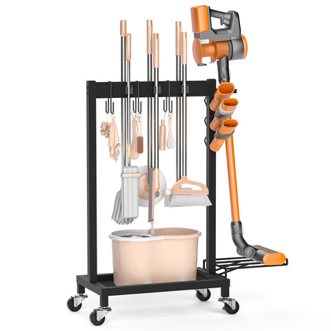 FLOUREE broom holder organizer keeps brooms neatly stored and within arm reach